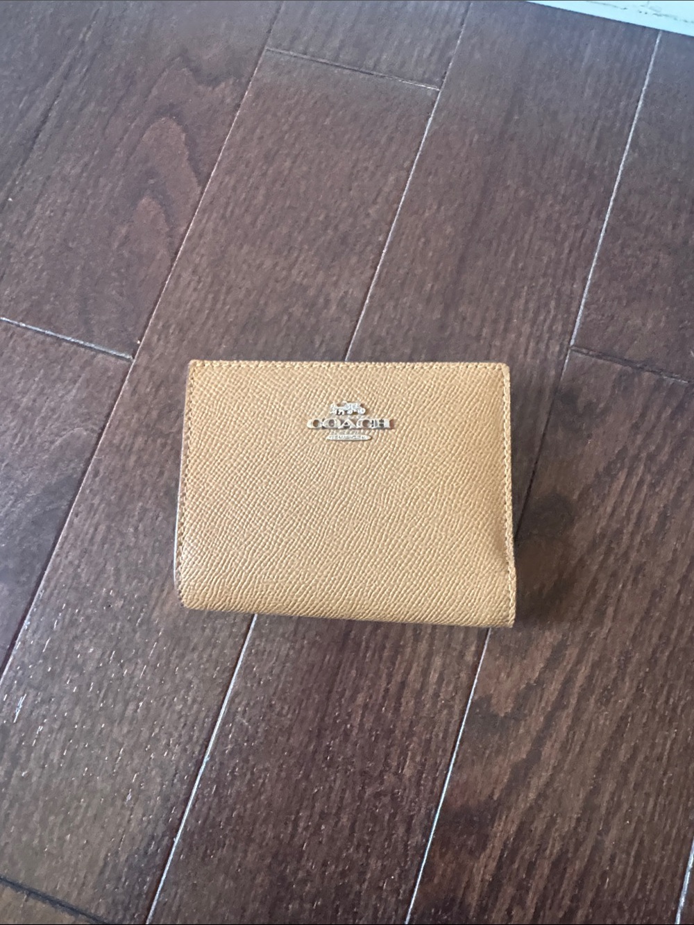 Coach Small Saffiano Leather Card Holder in Tan with Gold Hardware